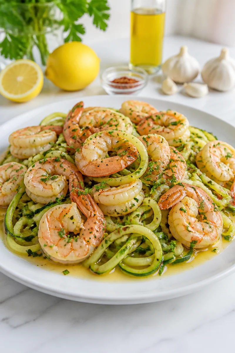 Low-calorie zucchini noodle shrimp scampi served in a bowl