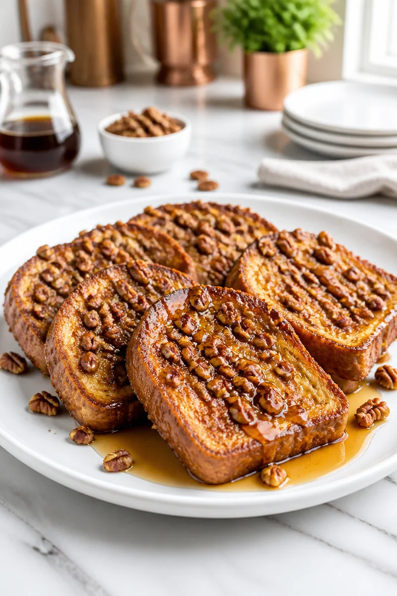 Maple and Pecan Crusted French Toast served on a plate with syrup