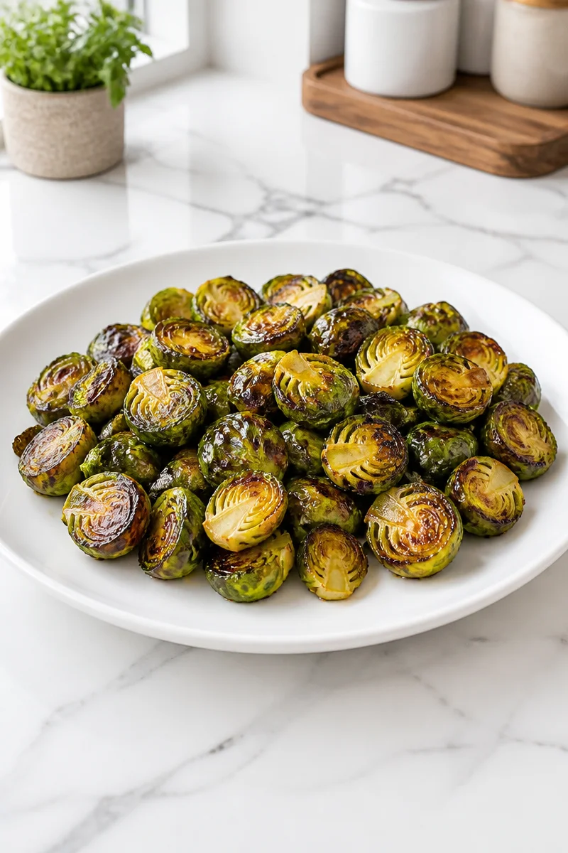 Maple balsamic glazed Brussels sprouts roasted to perfection.