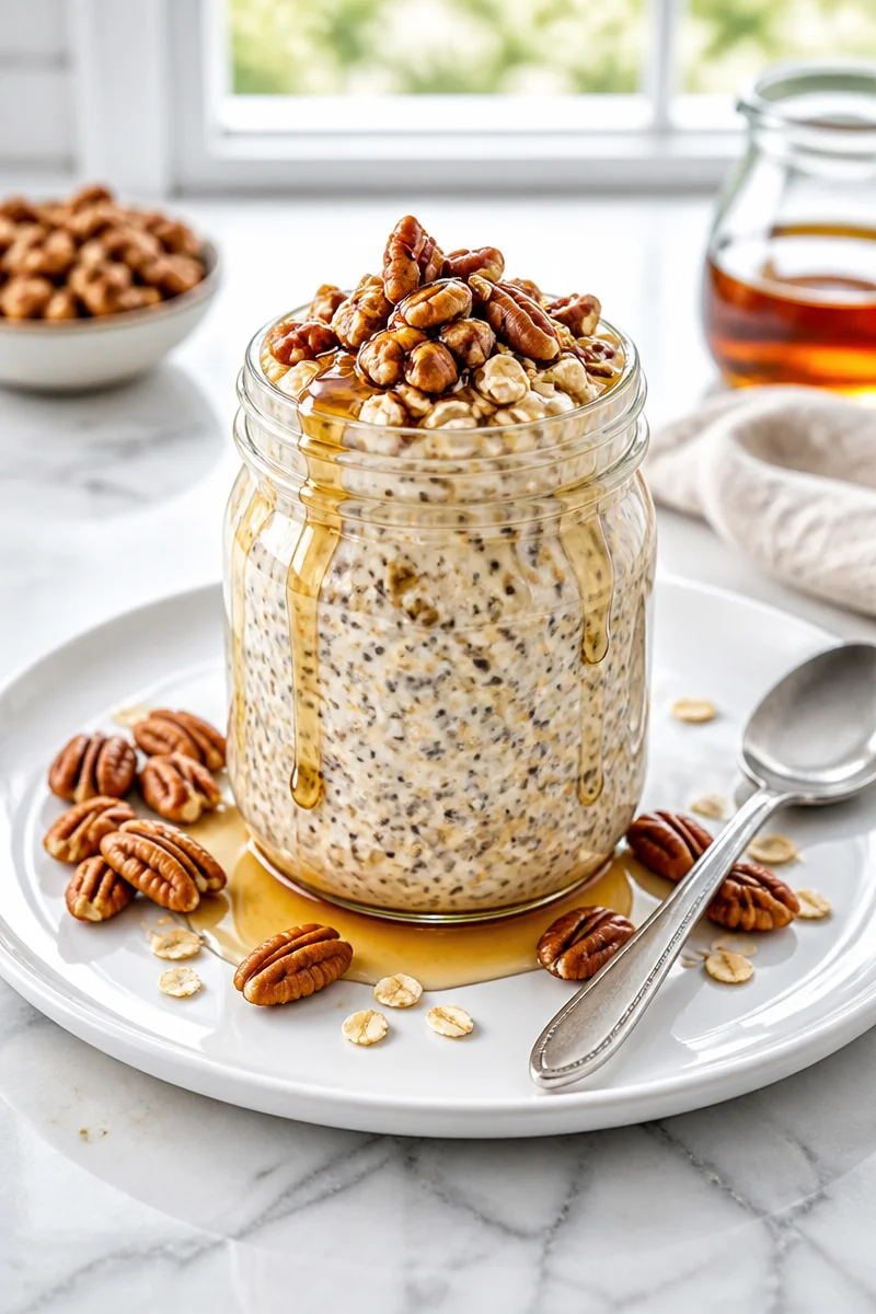 Bowl of Maple Pecan Chia Seed Oatmeal topped with pecans and maple syrup