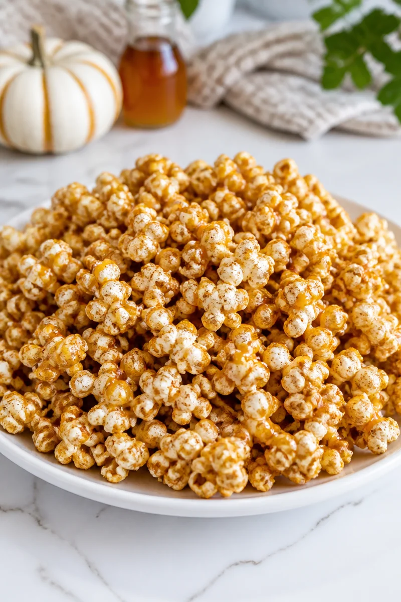 Maple pumpkin spice drizzled popcorn in a bowl, perfect for fall snacking