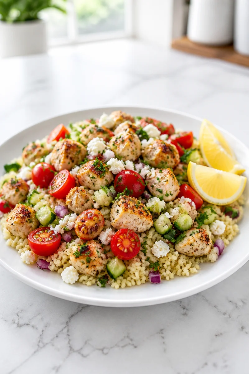 Delicious Mediterranean Chicken Couscous Bowl with fresh vegetables and herbs