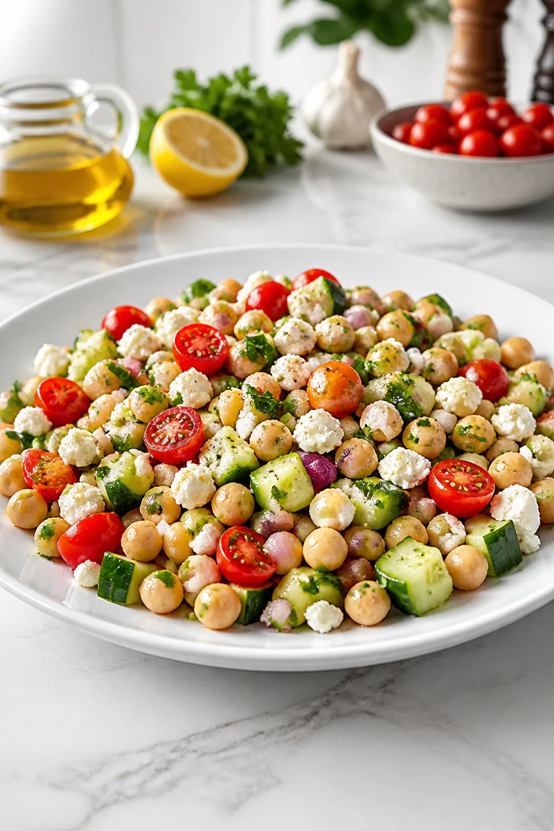 A vibrant Mediterranean Chickpea Salad featuring cucumber and onion.
