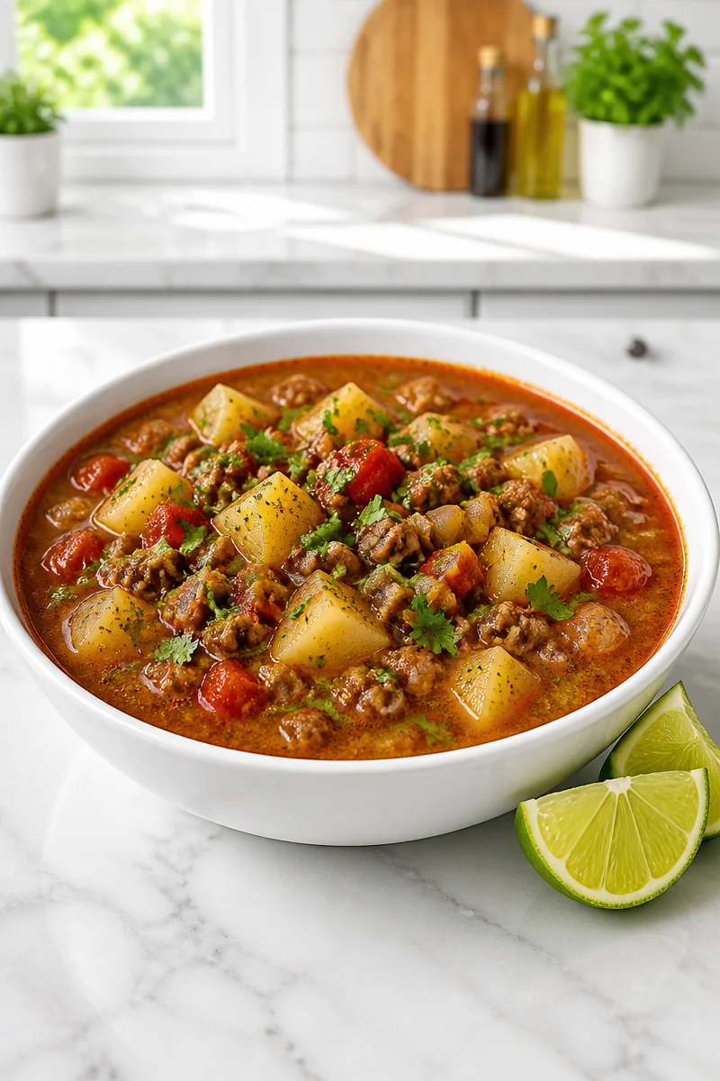 Bowl of Mexican ground beef and potato soup topped with fresh cilantro.