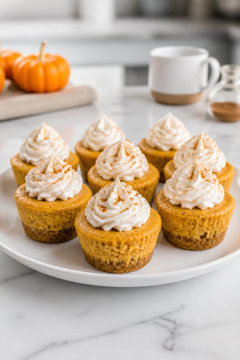 Mini pumpkin spice cheesecake bites topped with whipped cream and spices