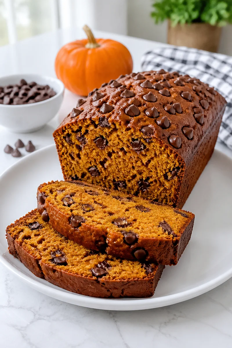 Slice of moist chocolate chip pumpkin bread on a wooden table