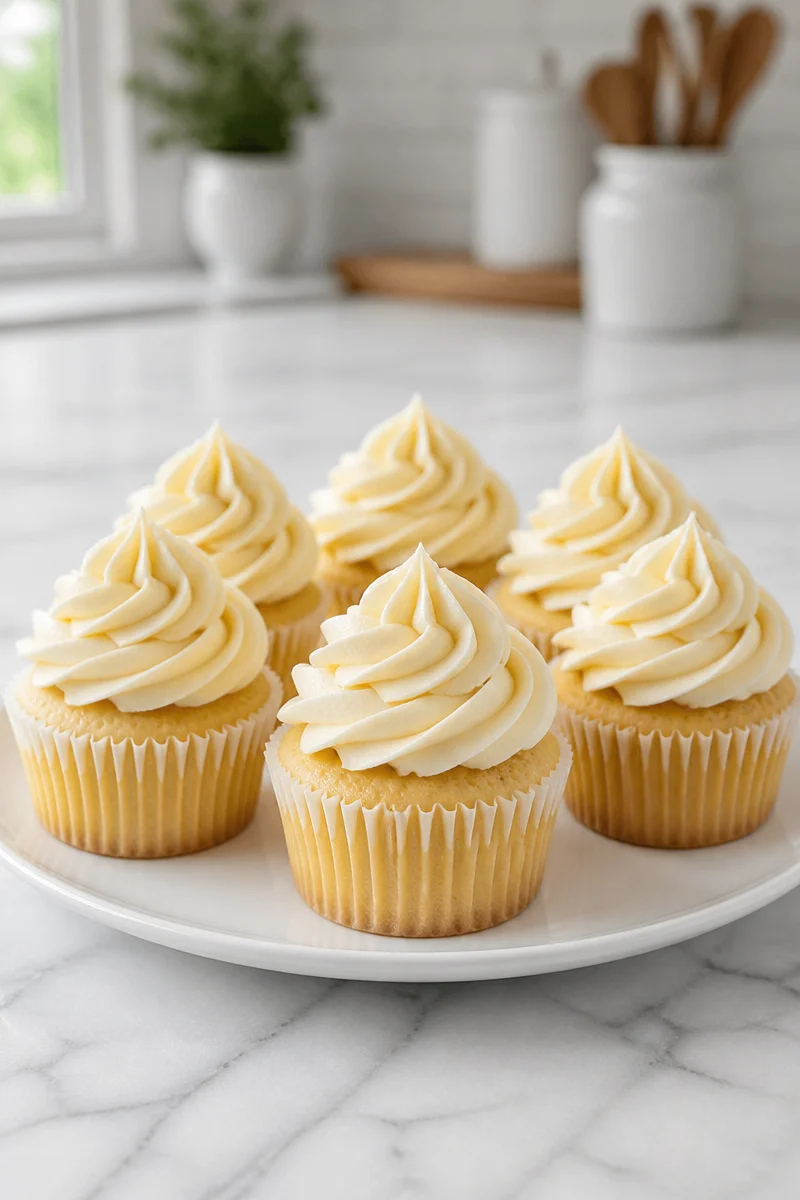 Moist vanilla cupcake with buttercream frosting on top, ideal for dessert lovers.
