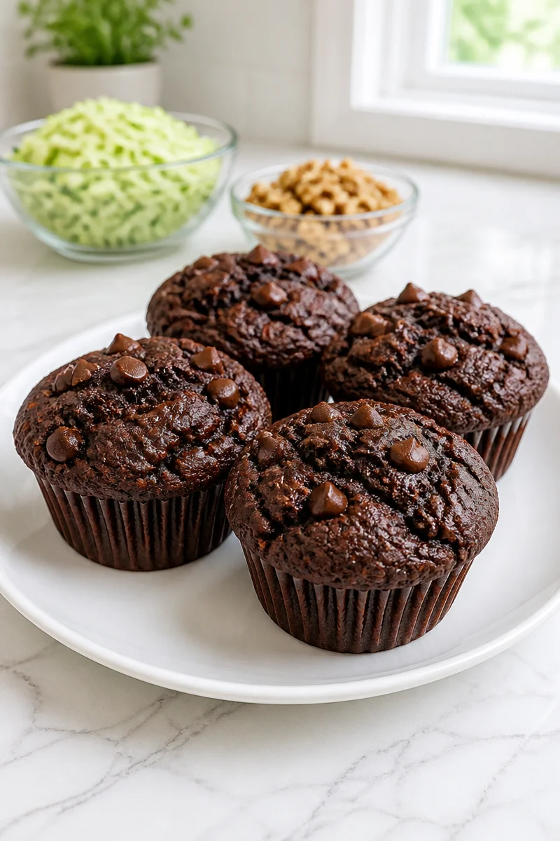 Moist zucchini and walnut double chocolate chip muffin topped with chocolate chips
