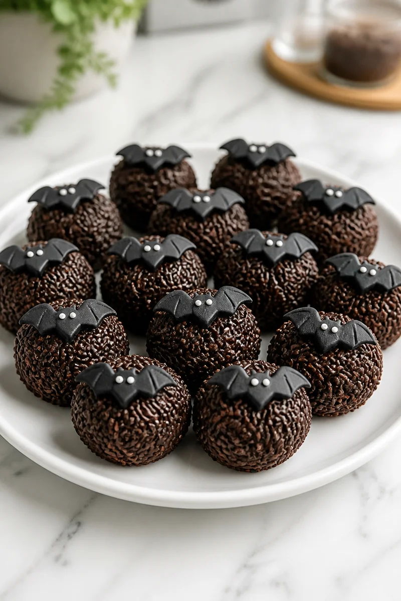 No bake dark chocolate bat truffles Halloween dessert
