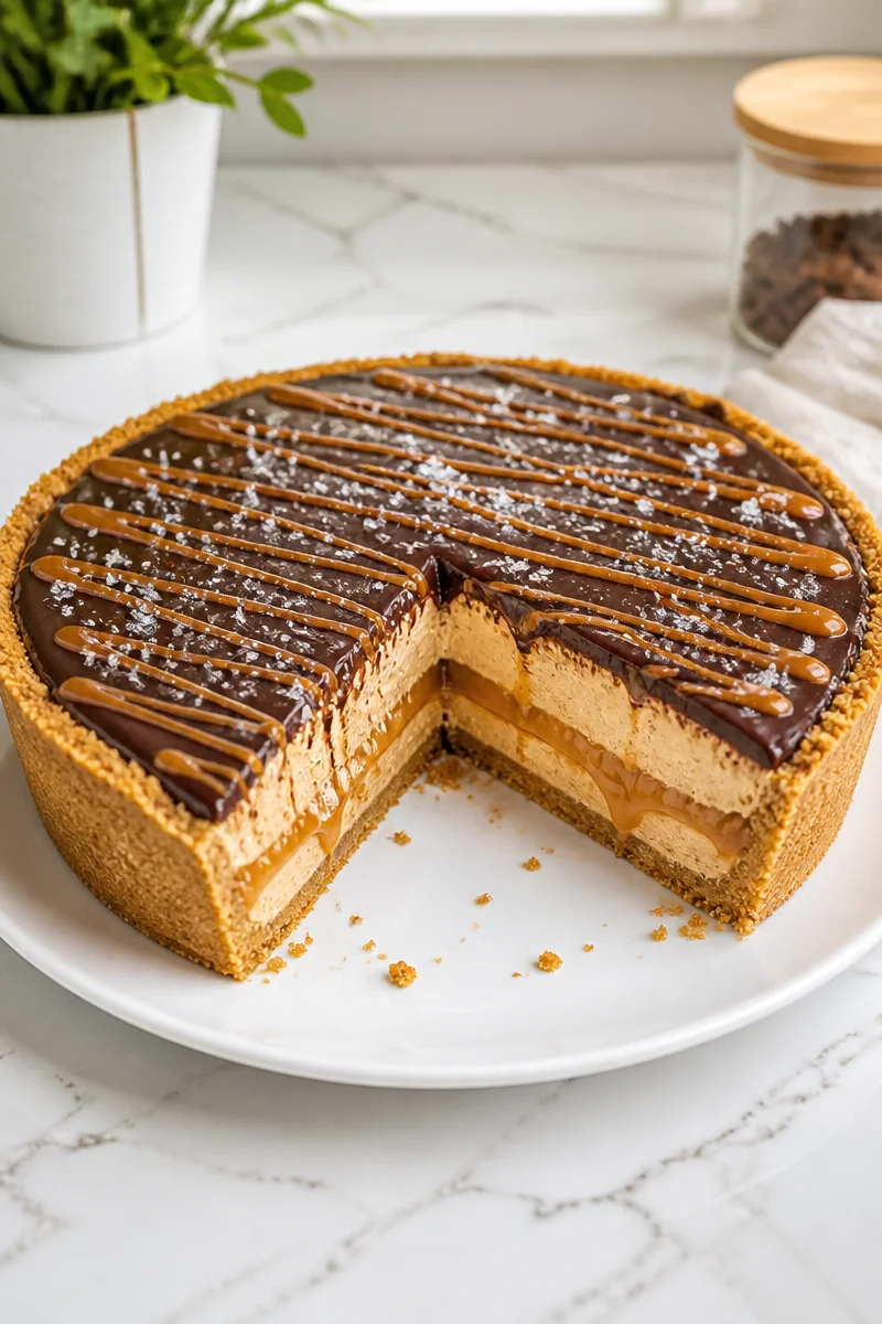 No Bake Salted Caramel and Chocolate Peanut Butter Pie on a plate