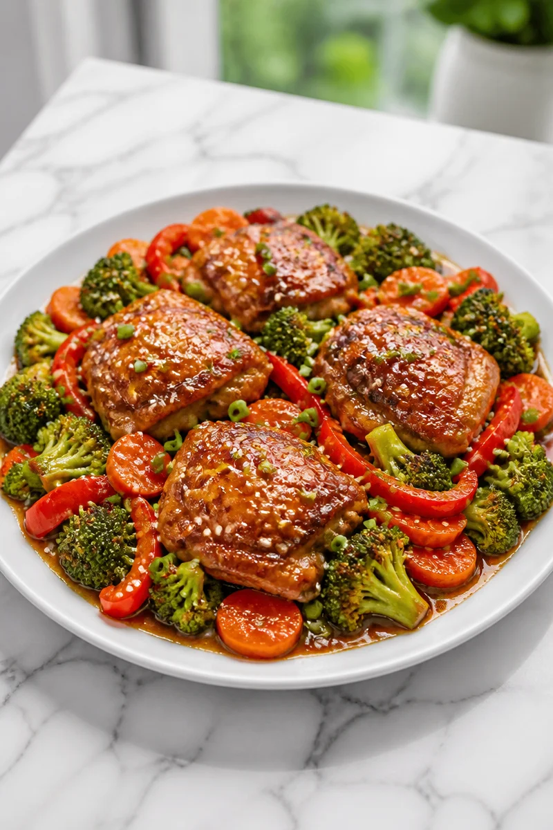 One-Pan Honey Garlic Chicken with colorful vegetables cooked in a savory sauce