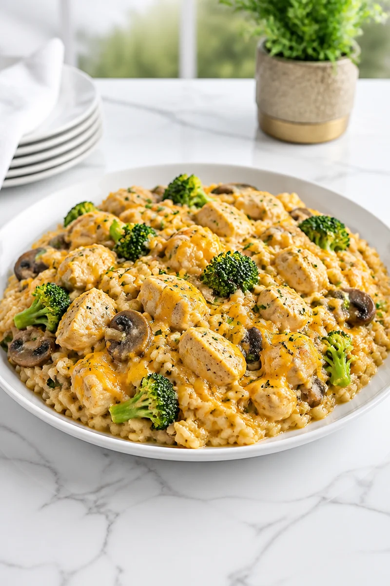 One pot cheesy broccoli chicken and rice meal with mushrooms