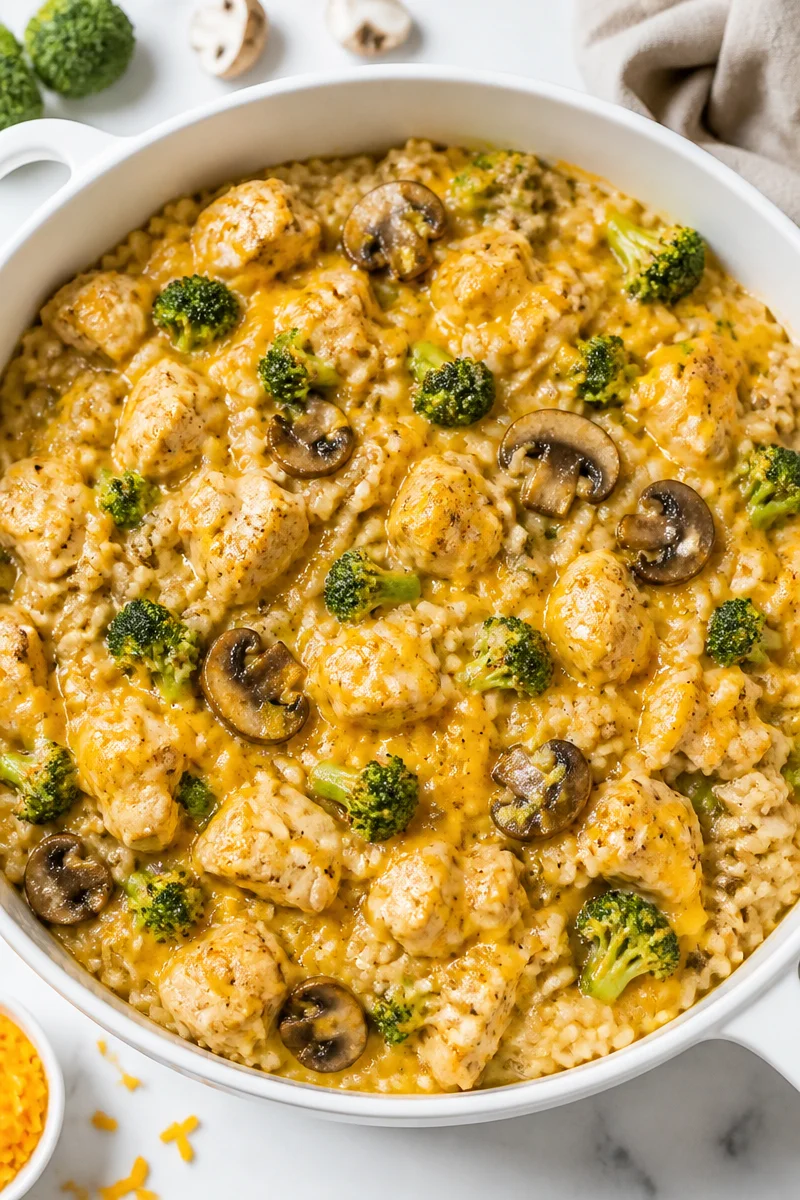 One Pot Cheesy Broccoli Mushroom Chicken And Rice Recipe