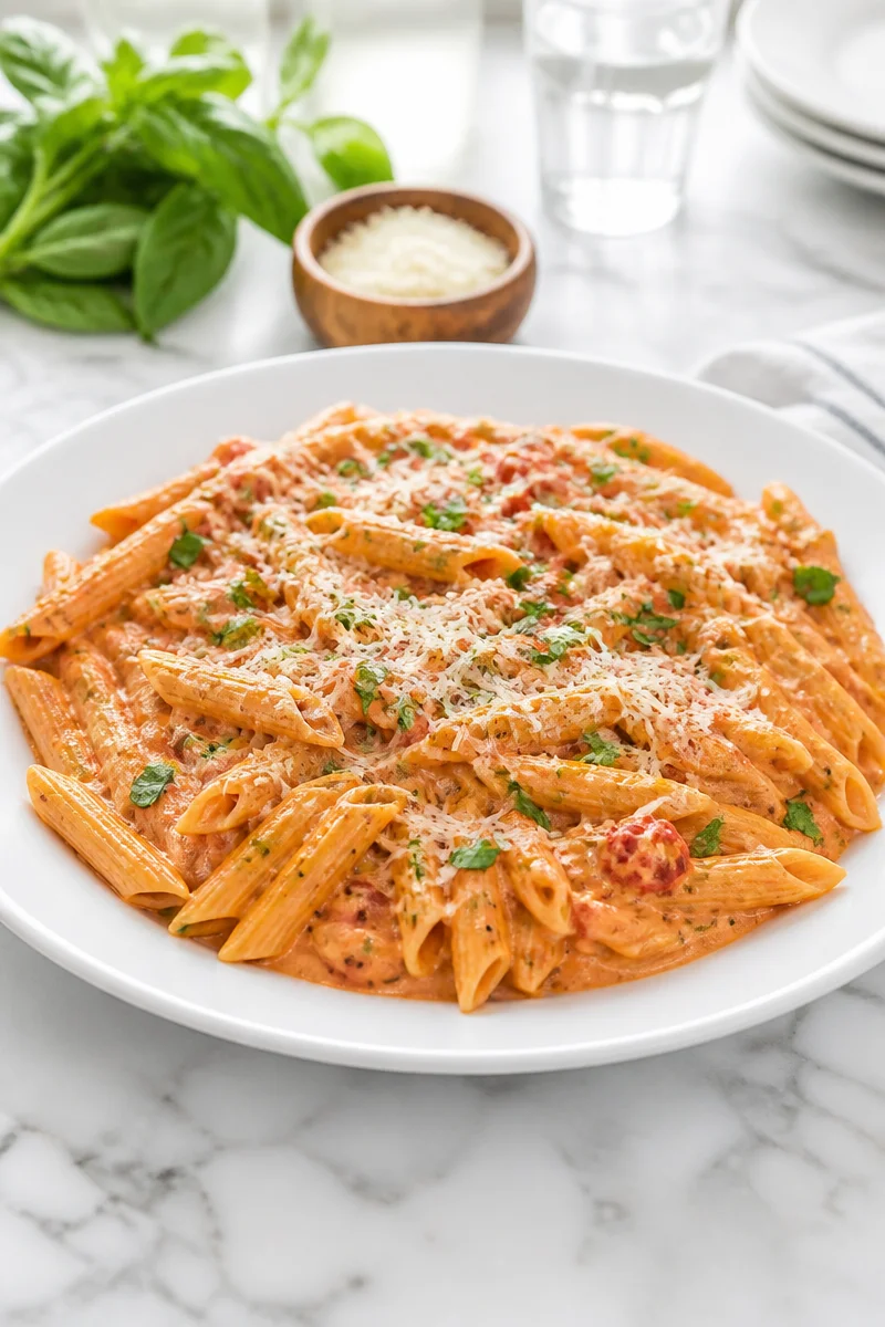 One-pot creamy tomato basil pasta garnished with parmesan cheese
