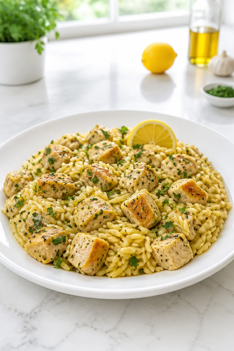 One-Pot Lemon Herb Chicken with Orzo Skillet, a flavorful and easy recipe