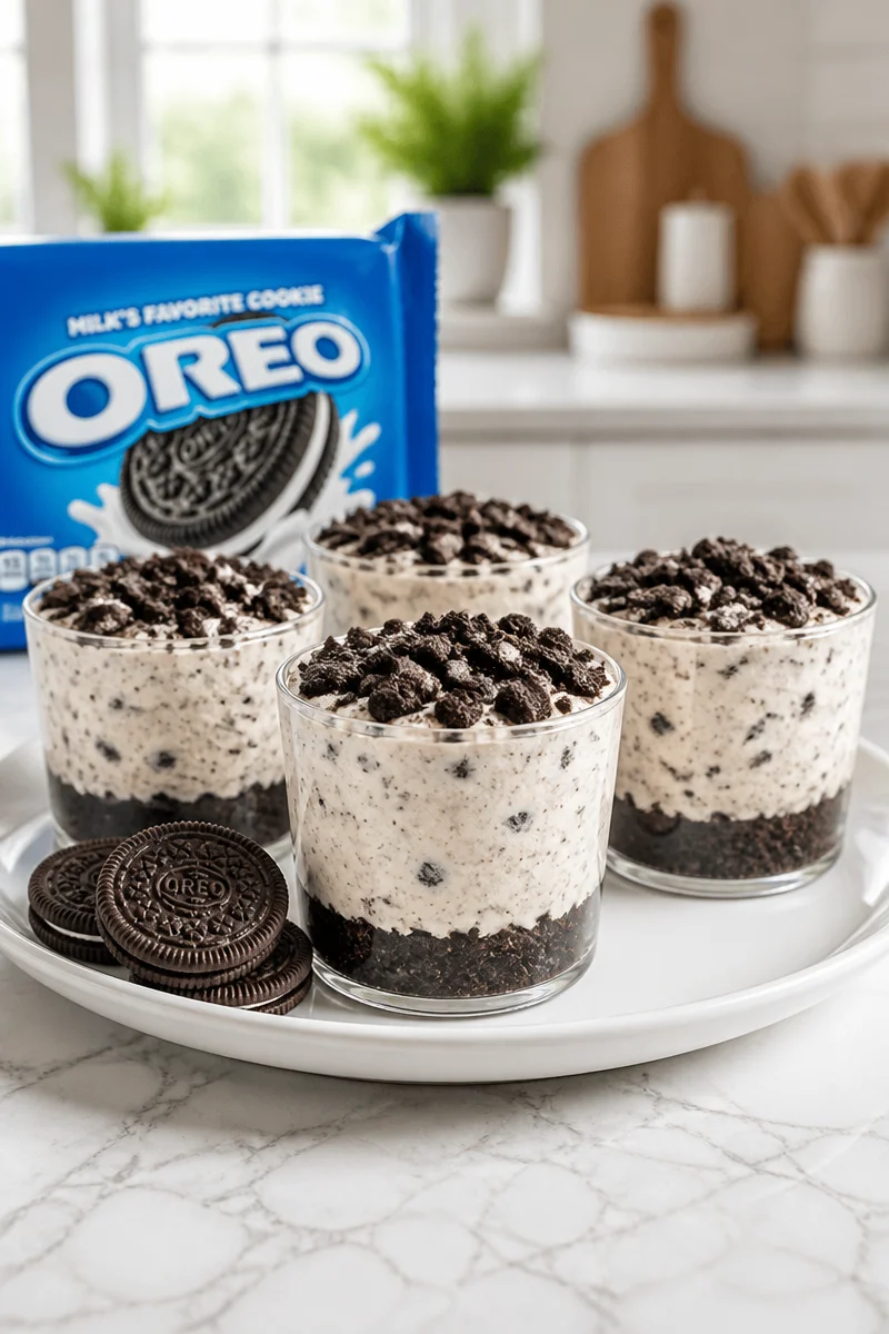 Oreo cheesecake cup with cookies and cream topping