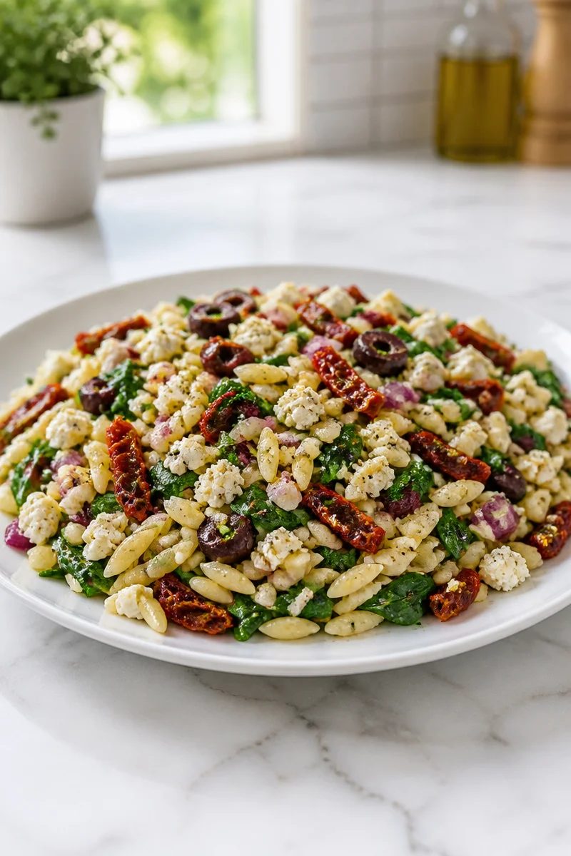 Colorful Orzo Pasta Salad with feta, sun-dried tomatoes, and spinach in a white bowl