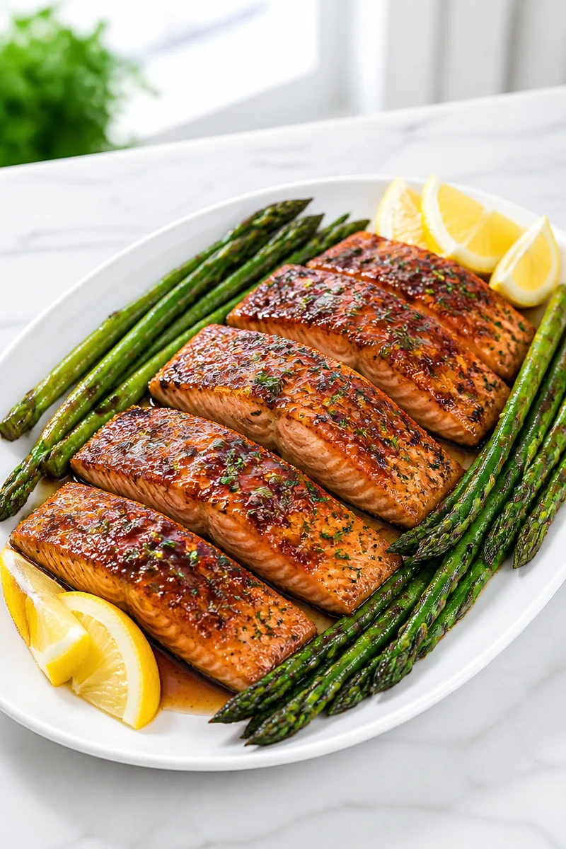 Delicious oven baked brown sugar salmon served with asparagus.