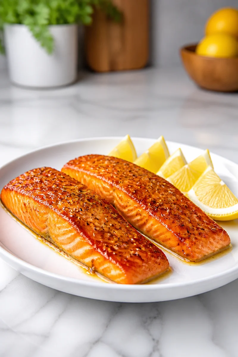 Oven baked maple mustard glazed salmon on a plate with vegetables