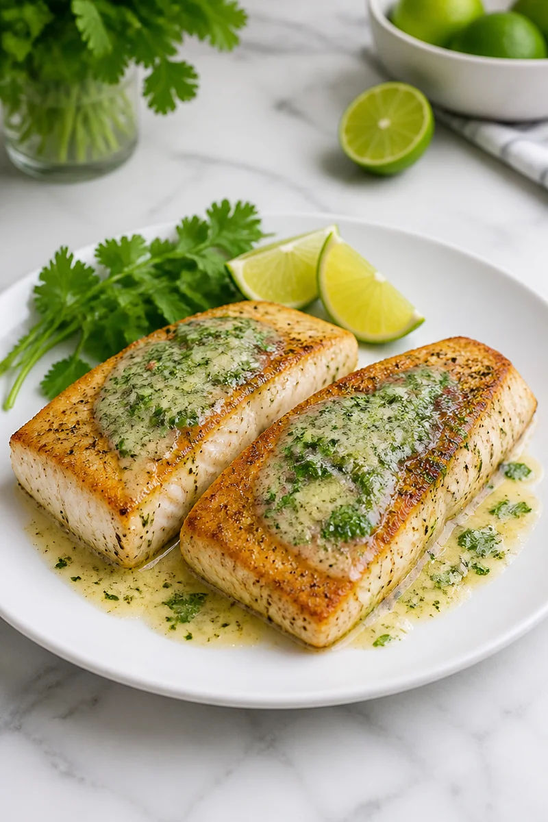 Pan-Seared Mahi Mahi topped with Cilantro Lime Butter on a plate