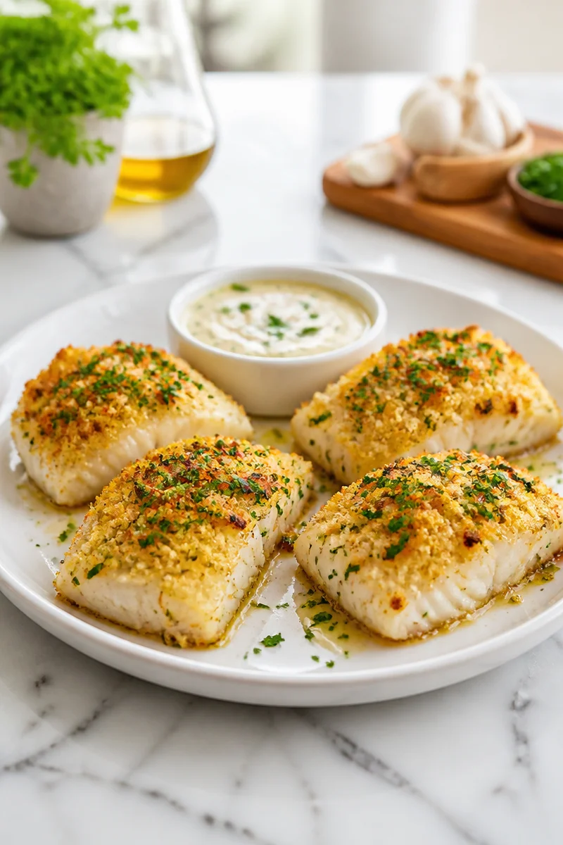 Delicious Parmesan Crusted Cod served with creamy garlic sauce.