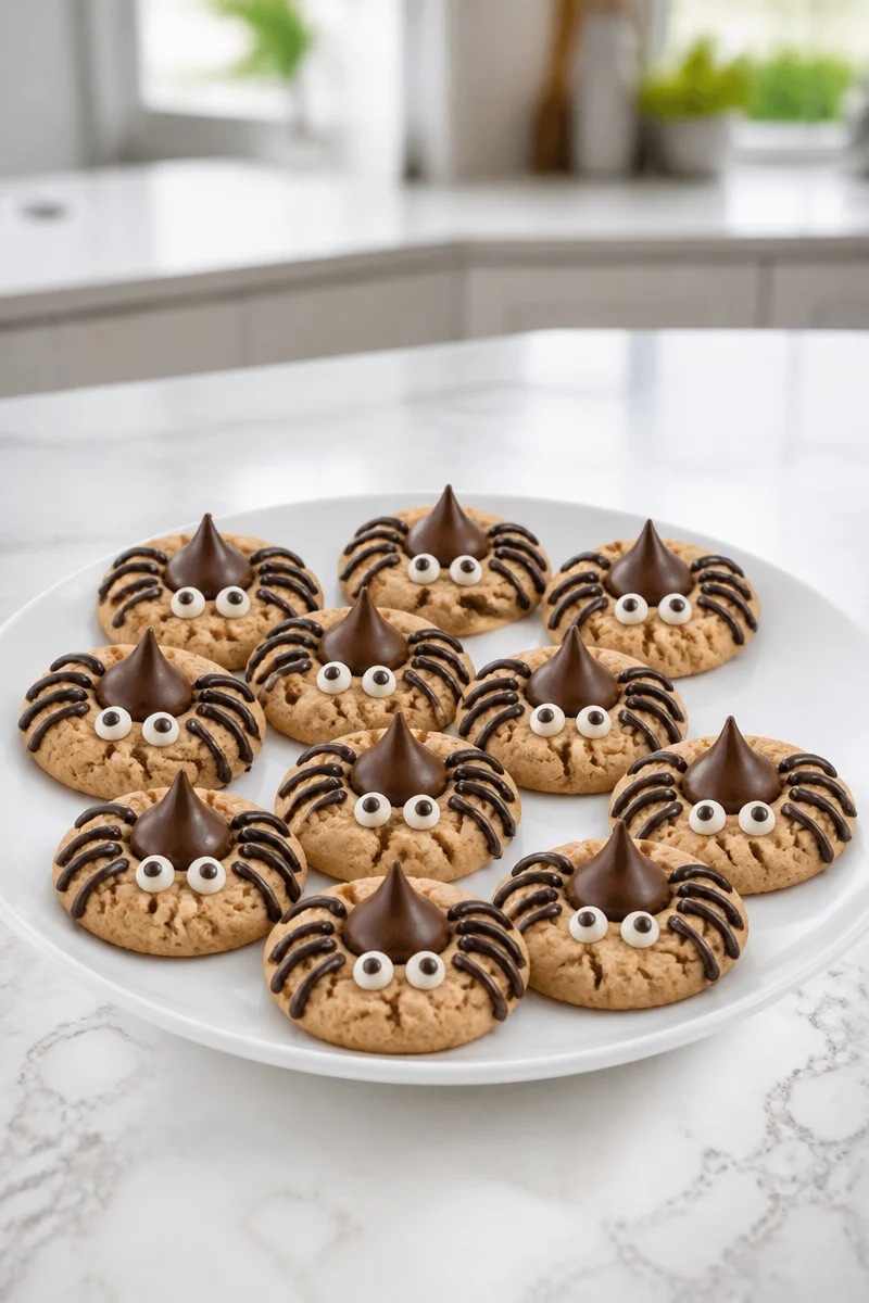 Peanut Butter Spider Blossom Cookies topped with chocolate and festive decorations.