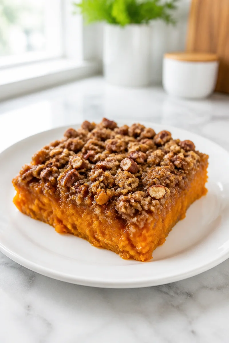 Pecan streusel topped sweet potato casserole served in a dish