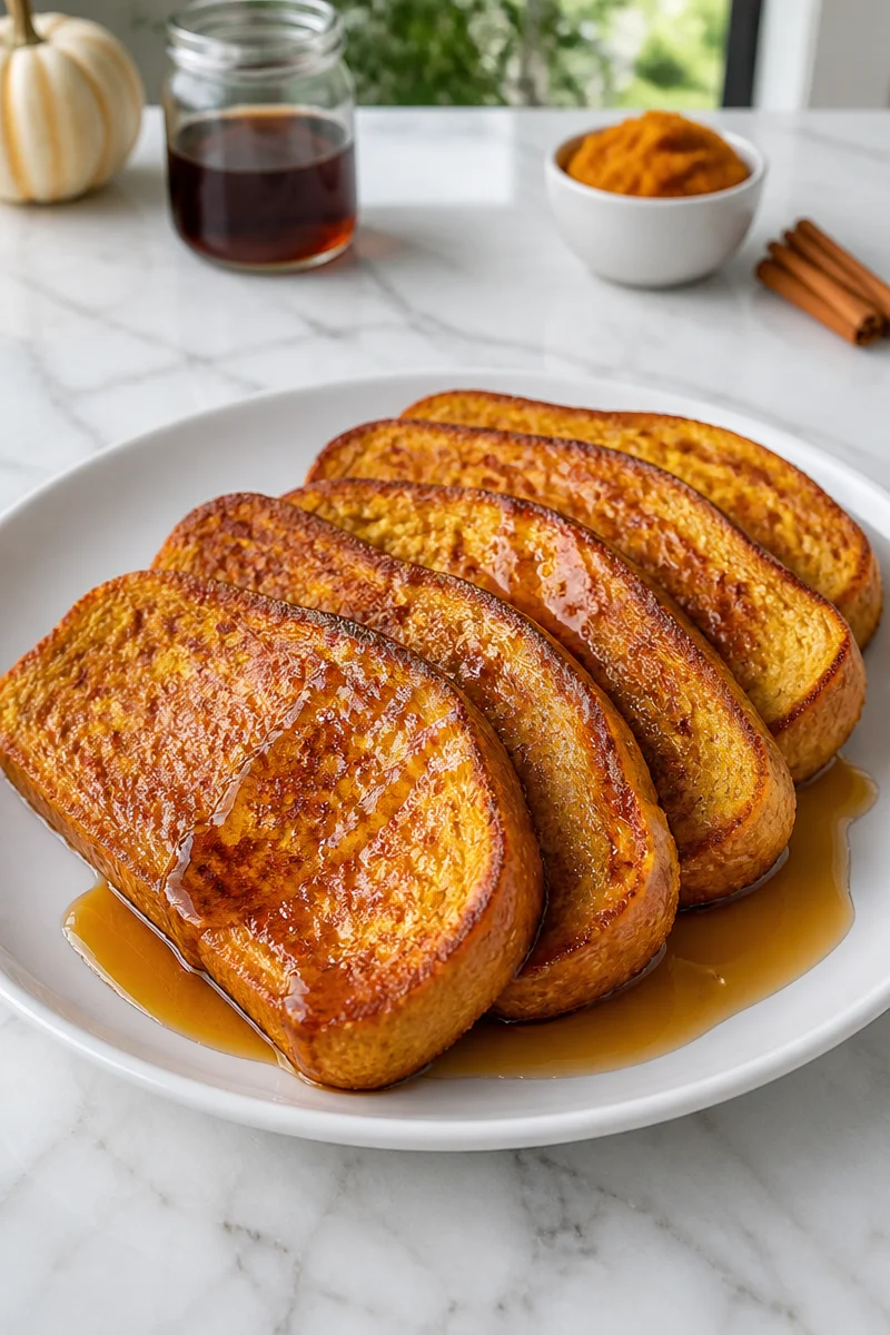 Pumpkin puree French toast topped with maple syrup and sprinkled with cinnamon