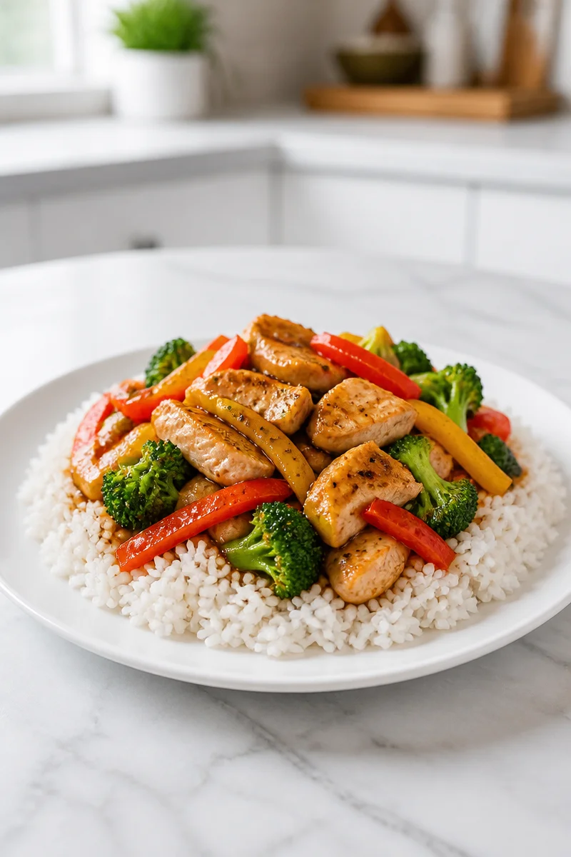 Delicious garlic butter chicken stir-fry served with fresh vegetables.
