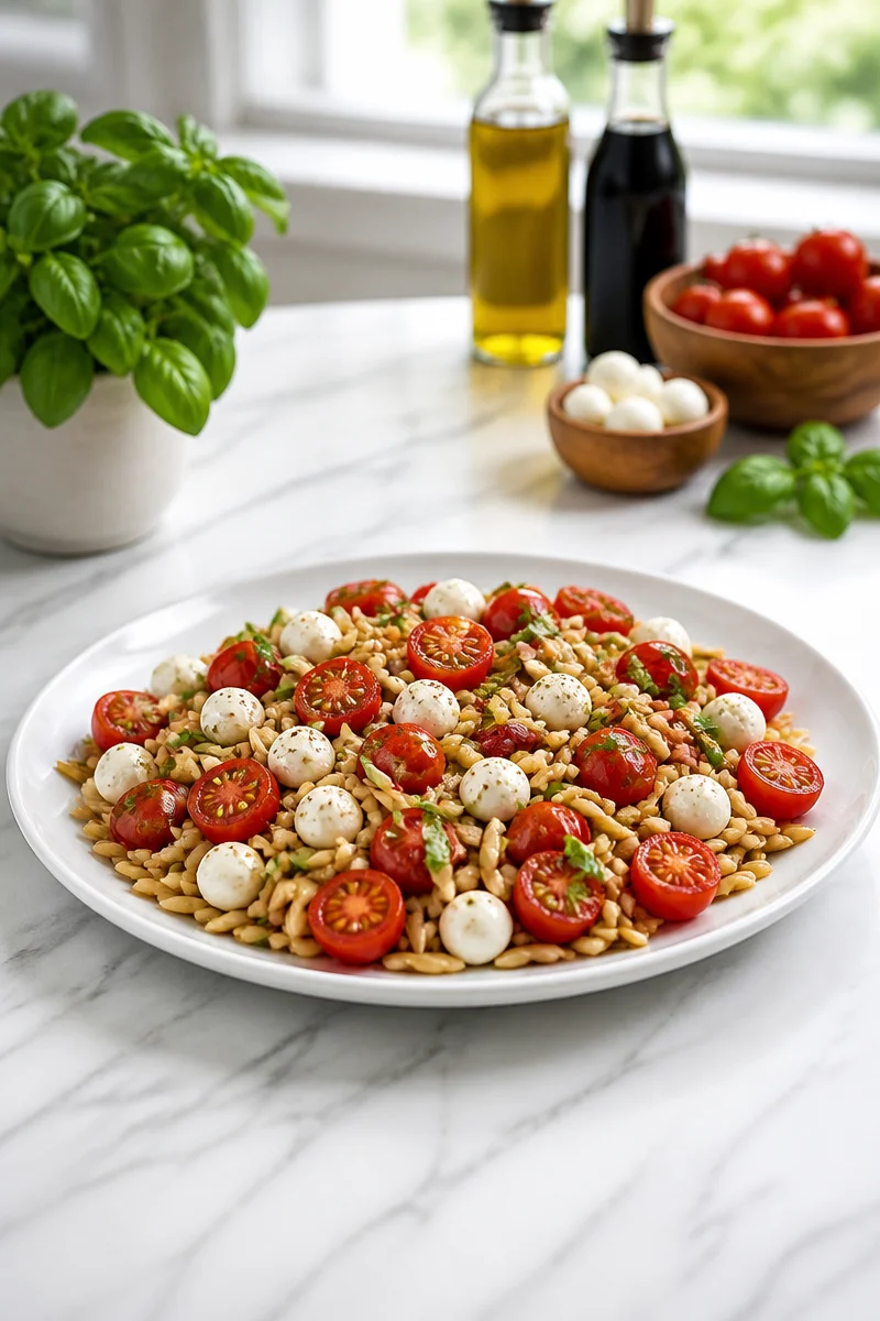 20-minute balsamic orzo salad with mozzarella pearls served in a bowl