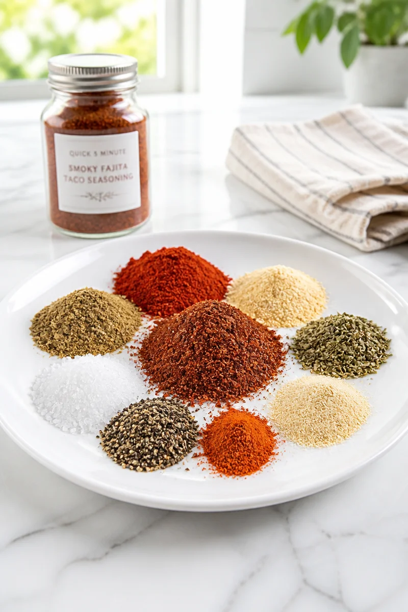 Quick 5 Minute Smoky Fajita Taco Seasoning in a bowl with spices
