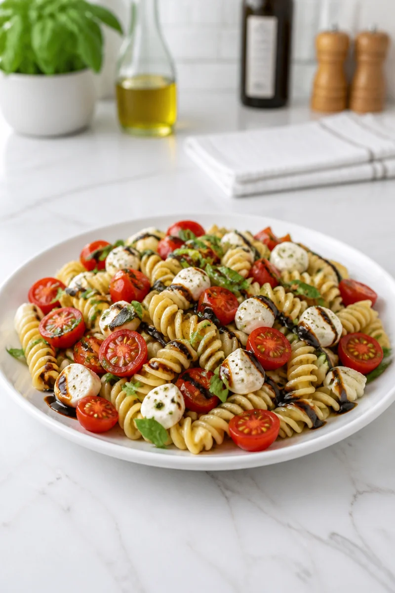 Quick Caprese Pasta Salad with Balsamic Glaze served in a bowl