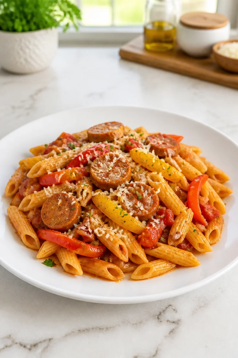 One-pot sausage and pepper pasta in a colorful bowl garnished with herbs