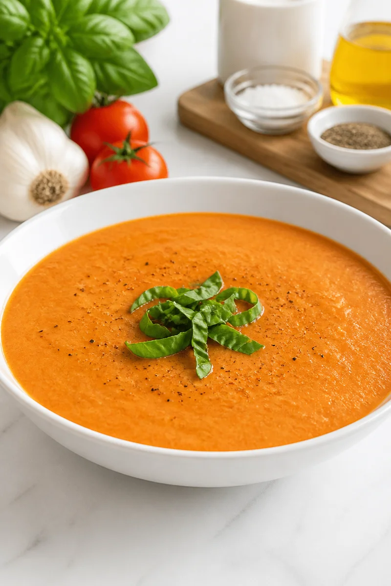 Quick creamy tomato soup served in a bowl, perfect for a quick meal.
