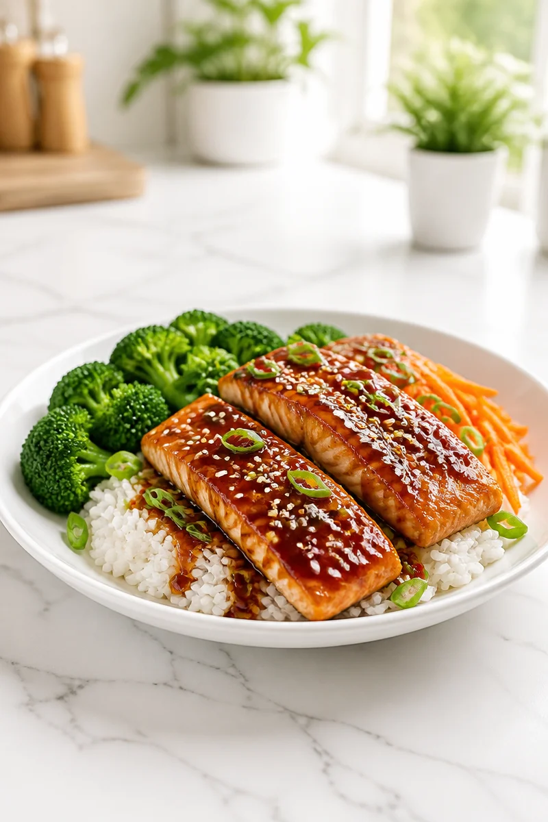 Quick weeknight teriyaki salmon bowl with vegetables and rice
