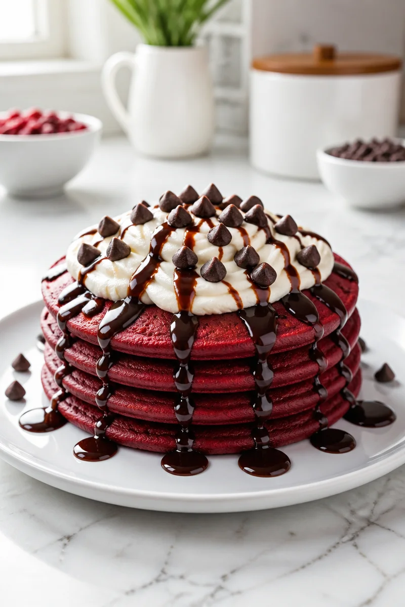 Red Velvet Vampire Bite Pancakes with a vampire-inspired design and blood-red color.