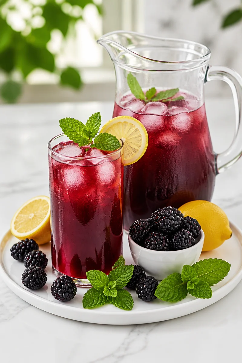 Refreshing glass of blackberry mint lemonade garnished with fresh mint leaves