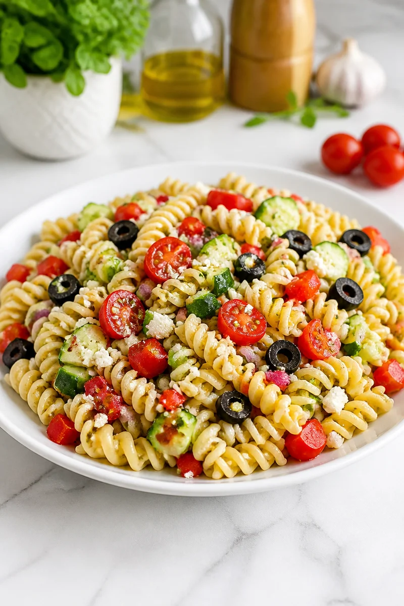 Refreshing cold pasta salad lunch bowl with colorful vegetables