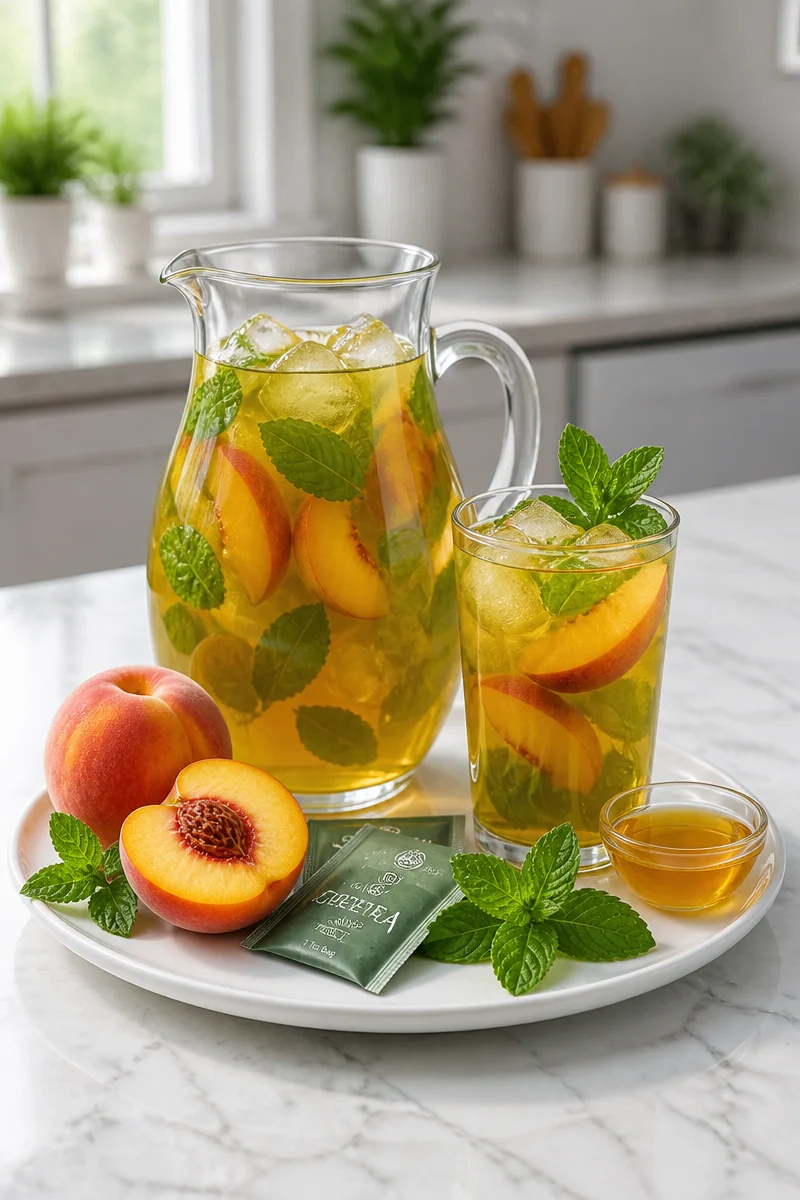 Refreshing iced green tea with peach slices and mint leaves in a glass
