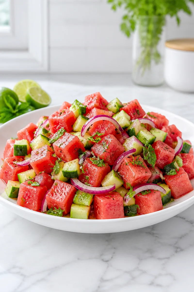 Refreshing watermelon cucumber salad with lime in a bowl