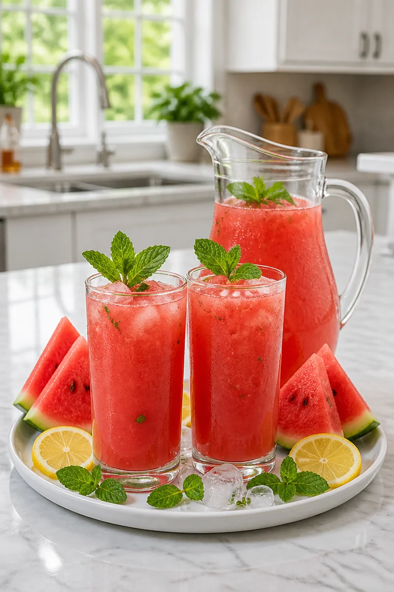 Refreshing watermelon mint lemonade drink in a glass with mint leaves