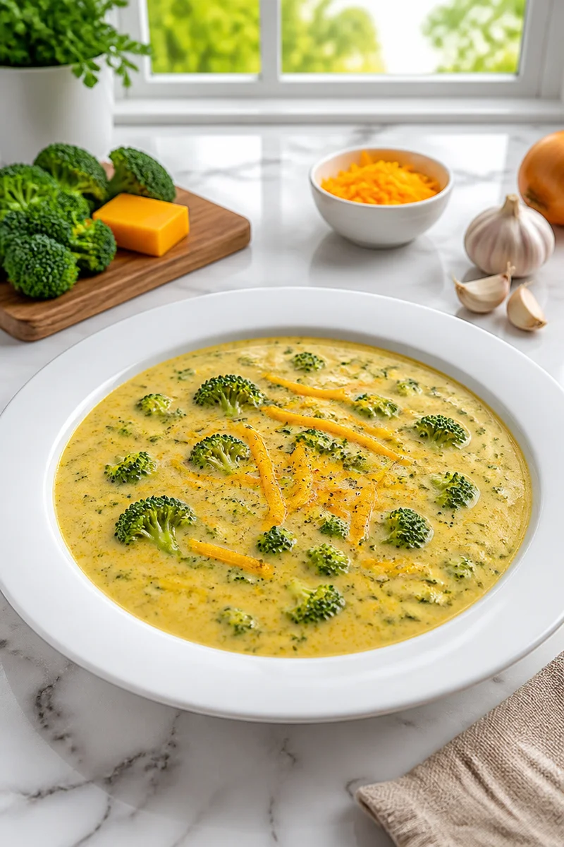 Creamy broccoli cheddar soup served in a bowl with a sprinkle of cheese on top.