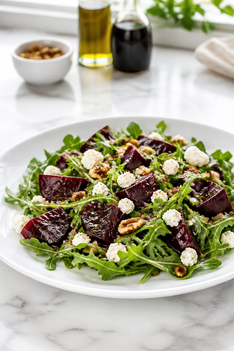 Roasted beet salad with arugula and goat cheese on a white plate