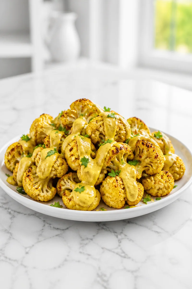 Plated roasted cauliflower topped with curry spiced aioli and garnished with herbs.
