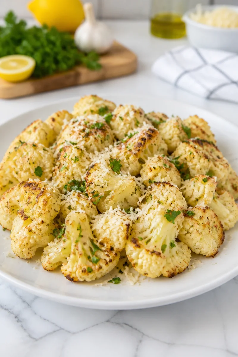 Oven-roasted cauliflower drizzled with lemon and topped with parmesan cheese.