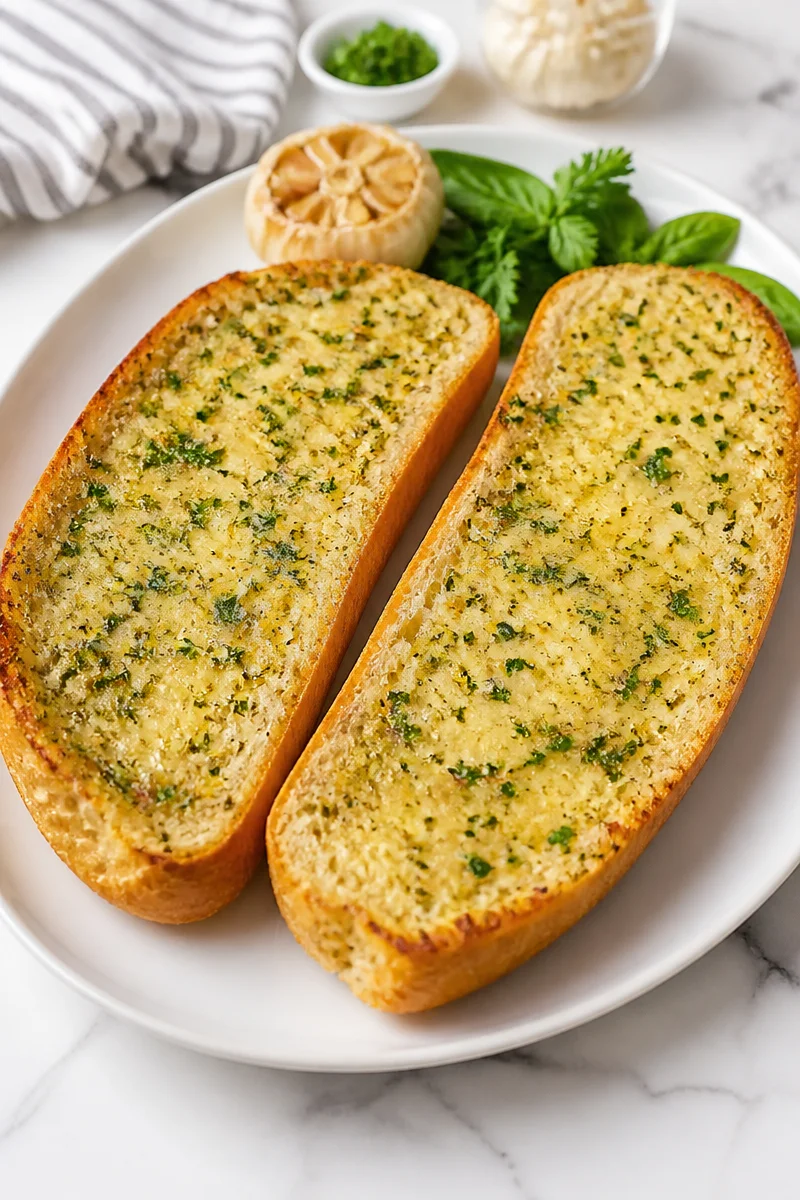 Roasted garlic bread stuffed with herb butter, perfect for dinner.