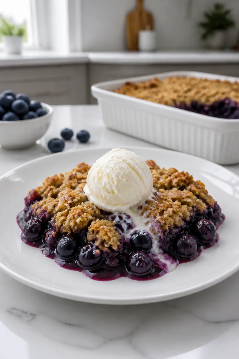 Rustic summer blueberry cobbler with oat crumble served in a baking dish.