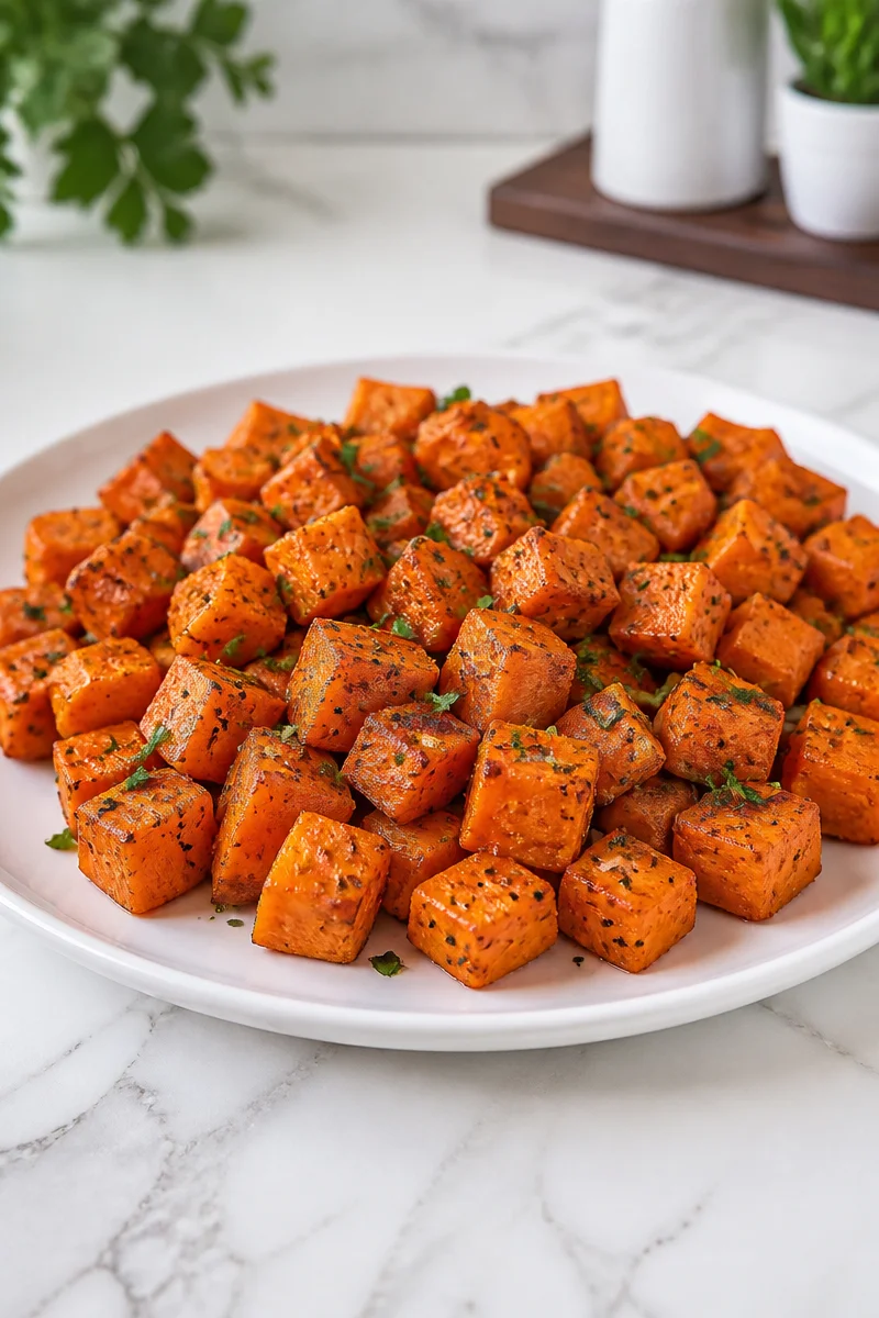 Garlic herb roasted sweet potatoes served on a platter