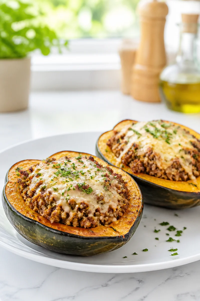 Savory ground turkey stuffed acorn squash dish garnished and ready to serve.