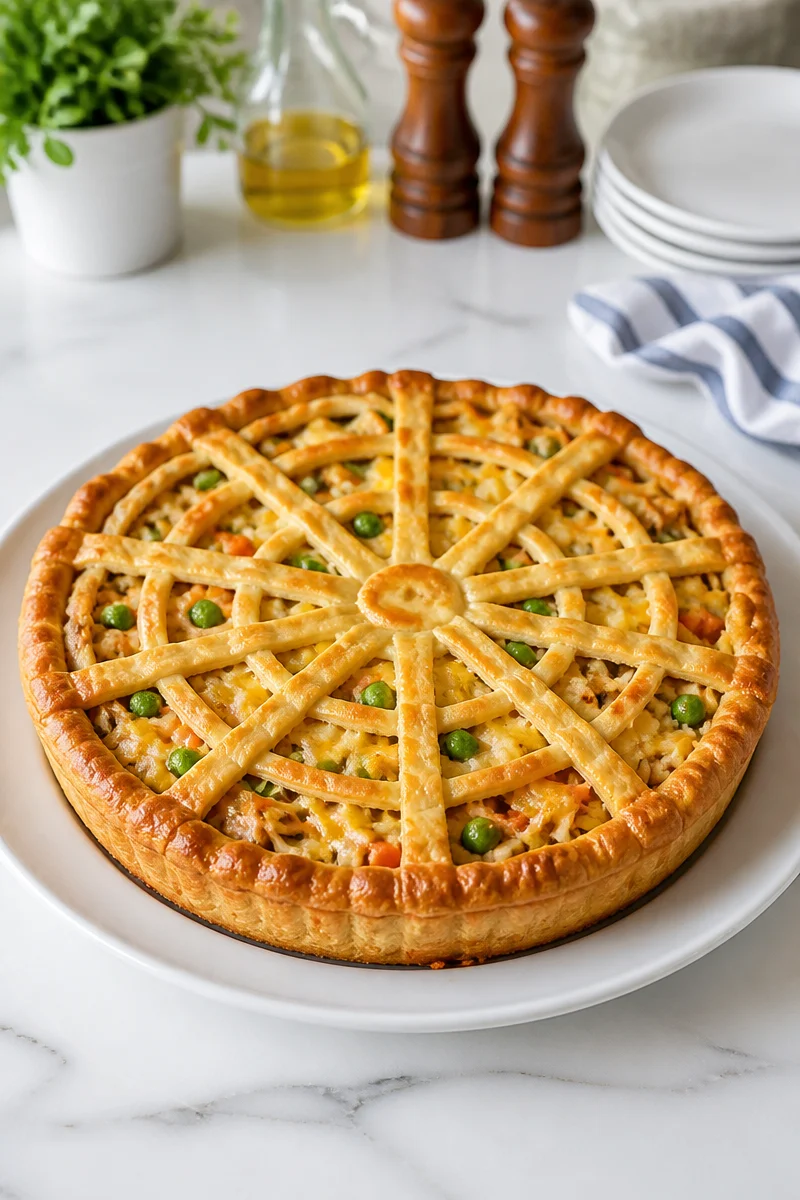 Savory spider web chicken pie garnished with flaky crust and fresh herbs.